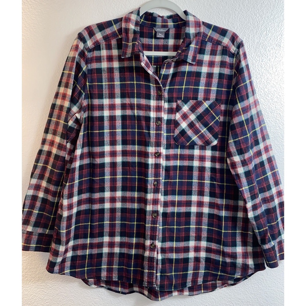 Eddie Bauer Plaid Flannel Button Down Shirt XL Red Blue Green Yellow Outdoors